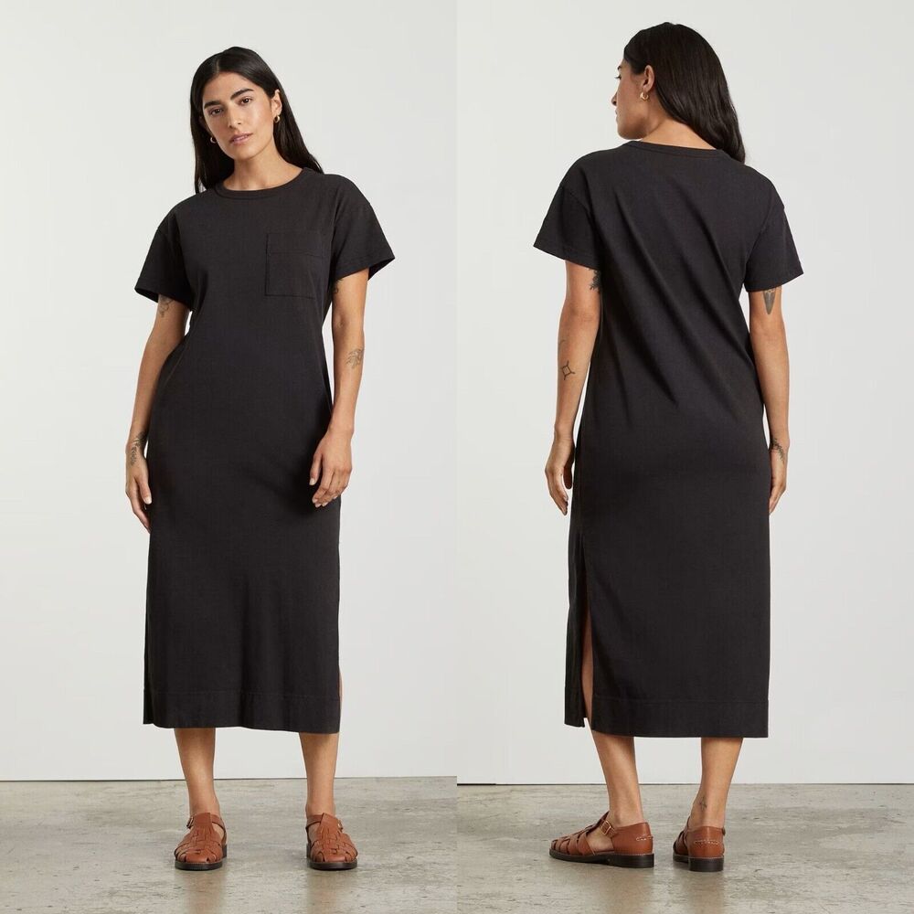 Everlane The Organic Weekend Side Slit Maxi Dress Black Round Neck Women XS NWT